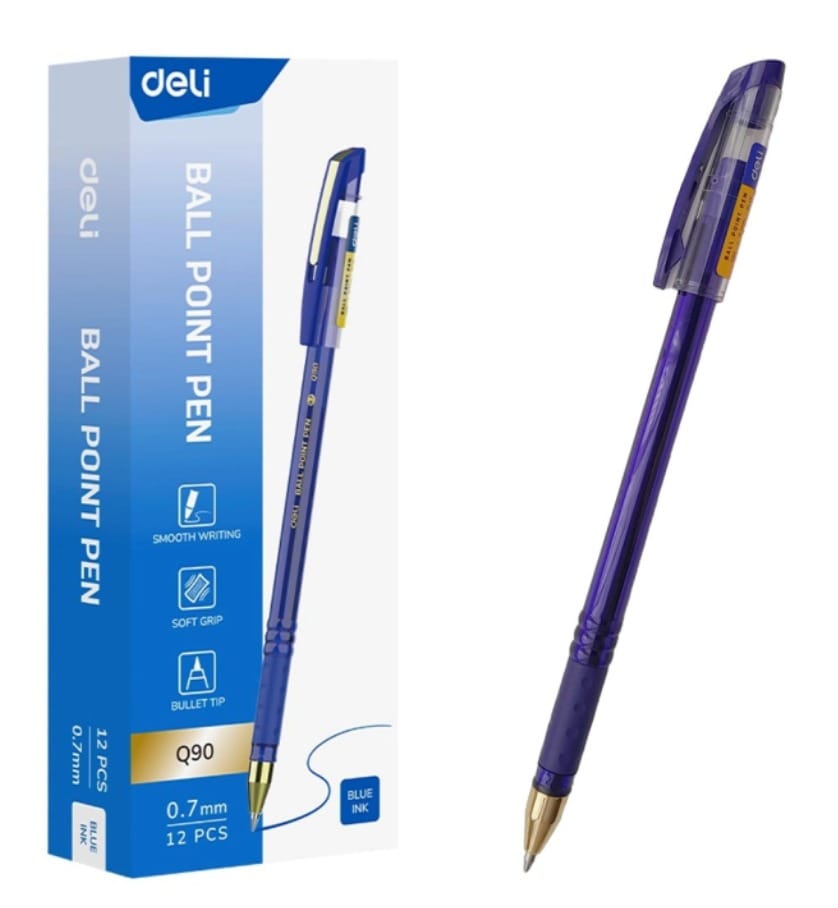 Deli Q90 0.7 mm blue ballpoint pen with soft grip